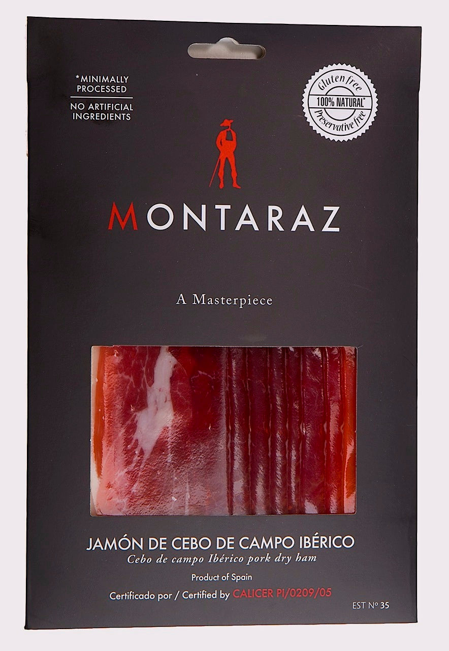 Montaraz Jamón de Cebo de Campo Ibérico, 2 oz. pre-sliced, gluten-free, preservative-free, and minimally processed.