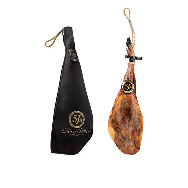 Cinco Jotas 5J Iberico ham, displayed in black cover and uncovered, showcasing its premium quality.