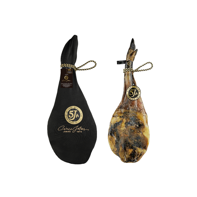 Cinco Jotas 5J Iberico Jamon, acorn-fed ham, in black packaging and uncovered, showcasing premium quality.